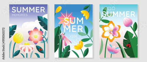 Summer floral poster vector set with blooming flowers, tulip buds, dragonfly, butterfly, ladybugs and botanical leaves on pastel nature backgrounds. Cheerful seasonal wall art design for poster, print