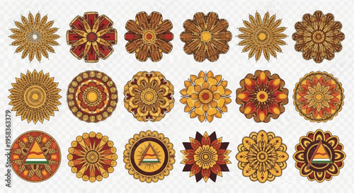 Set of 20 ornate brown and orange mandala vector icons with intricate floral and geometric patterns