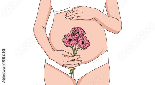A pregnant woman cradles her bare belly, holding three pink gerbera daisies, wearing white underwear.