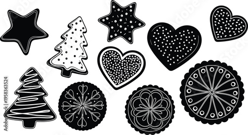Set of black Christmas cookie silhouettes including star heart and tree shapes with decorative icing for holiday bakery designs.