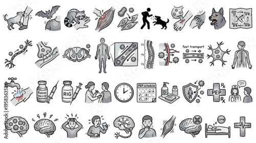 Rabies Infection and PEP Set in Line Style. A collection of Rabies Linear Icons, Including animal bites, virus transmission, vaccination, spinal cord, brain symptoms, doctors