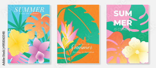 Summer tropical poster vector set with orchid flowers, hibiscus bloom, plumeria blossom, palm tree, botanical leaves and exotic garden elements. Bright seasonal wall art design for poster, print, card