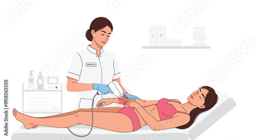 A female technician performs laser hair removal on a client's arm in a clean medical setting.
