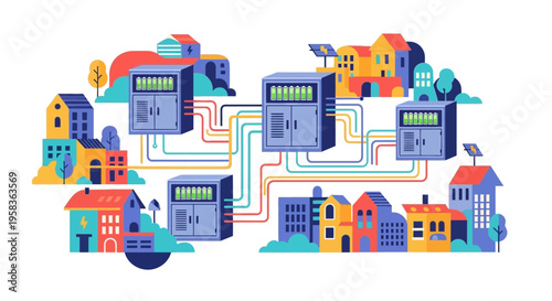 Smart Grid Technology Connecting Houses and Energy Storage.