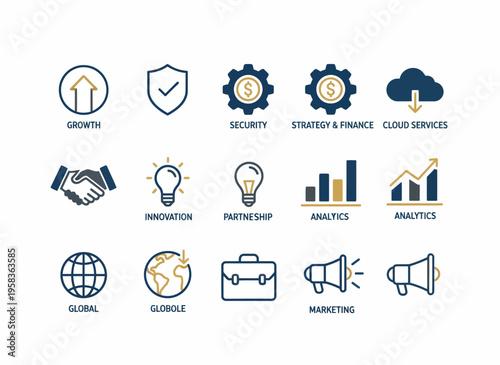 Business icons illustrate growth, security, finance, and marketing concepts.