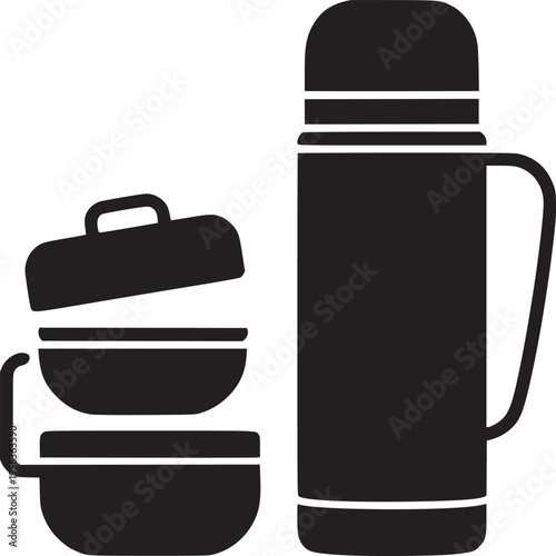 A minimalist black and white illustration of a thermos and a stacked bento box on a white background