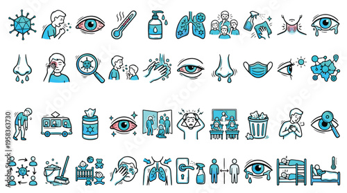 Virus and Flu Symptoms Icon Set in Doodle Style. A collection of health Linear Icons, Including coughing, fever, red eye, lung, mask, sanitizer, hygiene, social distance, and more. Vector.