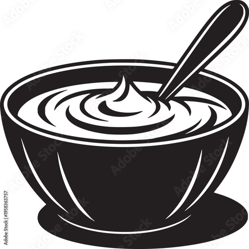 A black and white illustration of a bowl of cream with a spoon resting inside the bowl vector art