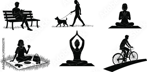 Healthy Lifestyle Activities Silhouette Set with Meditation Yoga Cycling Dog Walking Picnic Relaxation Scenes Isolated on White Background