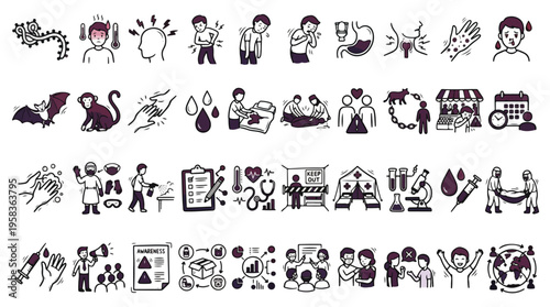 Ebola Symptoms and Prevention Icon Set in Linear Style. A collection of Ebola Disease Linear Icons, including fever, headache, bat, monkey, mask, vaccine, chart, and more. Editable Stroke.