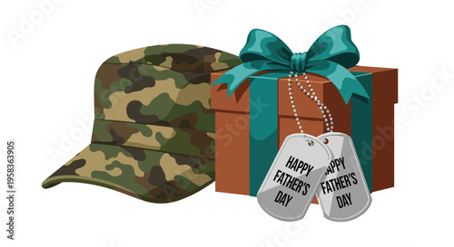 A camouflage military cap sits next to a brown gift box with dog tags on a white background.