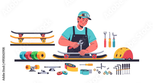 Skateboarder fixing skateboard with tools and parts.