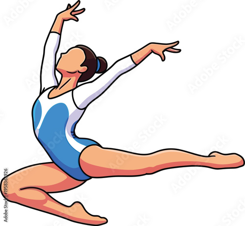 Athlete performing a dramatic split jump in a light blue and white gymnastics outfit showcasing peak physical form.