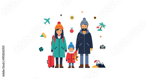 A family of three in winter clothes stands with travel icons on a white background.