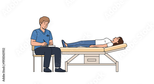 A male therapist writes on a clipboard while a female patient lies on an examination table.