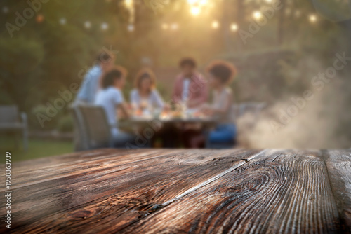 Foto Empty wooden table with clear copy space for product placement, set outdoors during spring or summer