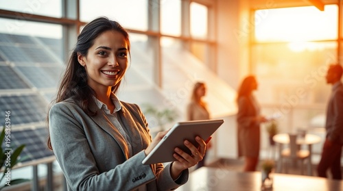 Confident Businesswoman in Eco-Friendly Office Showing Green Energy Charts