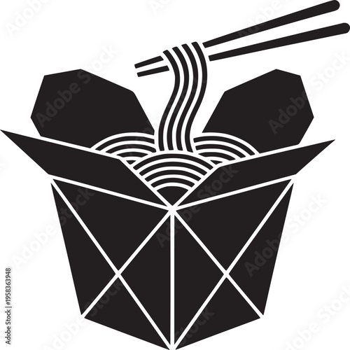 Black and white graphic of a takeout box filled with noodles and chopsticks on a white background