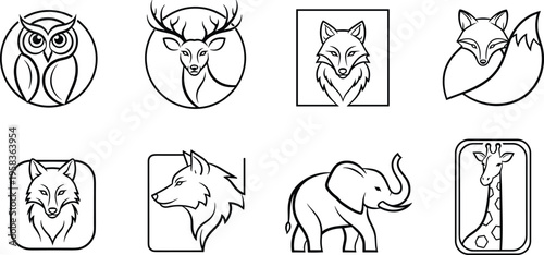 Set of Minimalistic Animal Outline Icons Including Owl, Deer, Fox, Wolf, Elephant, and GiraffeSet of Minimalistic Animal Outline Icons Including Owl, Deer, Fox, Wolf, Elephant, and Giraffe