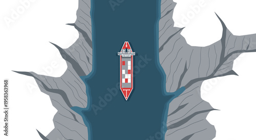 A red cargo ship sails through a narrow blue canal between grey rock formations.