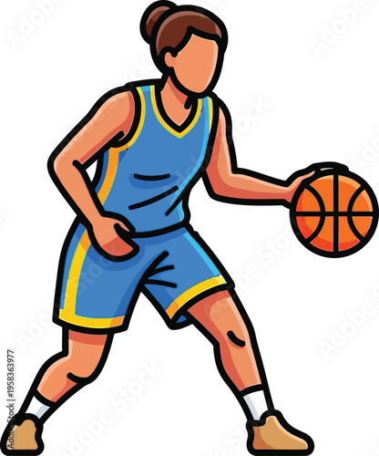 Basketball player wearing a blue jersey aggressively dribbles the orange ball while maintaining a low defensive posture.