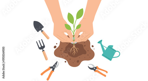 Two hands plant a green seedling with visible roots into brown soil, surrounded by various gardening tools on a white background.