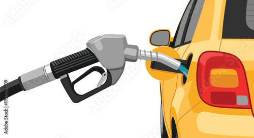 A silver fuel nozzle with a black handle is inserted into the gas tank of a yellow car, dispensing blue fuel.