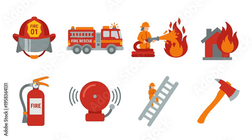 Firefighters respond quickly to burning house with vector graphics showing emergency vehicles and equipment.