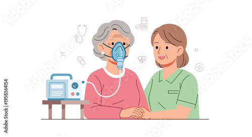 An elderly woman with a nebulizer mask is cared for by a younger woman holding her hand, with medical icons floating in the background.