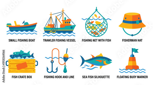 Vector graphics of various fishing related items on a white background including a boat, fish and hat.
