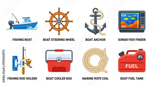 Vector illustrations of various nautical items on a boat including a fishing boat, steering wheel, anchor, sonar, rod holder, cooler box, rope coil, and fuel tank.