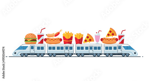 A cartoon train with four cars carries various fast food items including burgers, hot dogs, pizza, and fries on a white background.