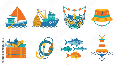Vector illustration of a fishing scene with a sailboat, fishing boat, fishing net, bucket hat, crab trap, life preserver, fish, and lighthouse on a sunny day.