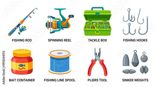A vector illustration of various fishing gear and tools, including a fishing rod, spinning reel, tackle box, and hooks, laid out on a surface.