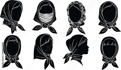 Women headscarf silhouettes set featuring various styles of traditional hijabs neckerchiefs and head coverings for fashion and cultural design isolated on white background.