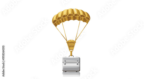 A golden parachute carries a silver briefcase descending against a white background.