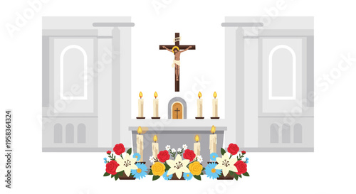A church altar displays a crucifix, lit candles, and colorful floral arrangements.