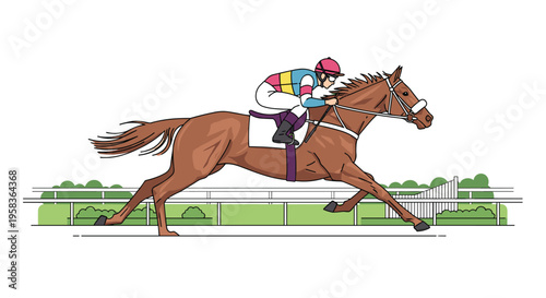 A jockey rides a brown racehorse galloping on a track with white railings.
