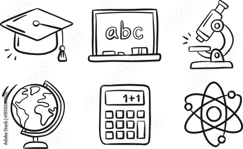 Hand-Drawn Black Education Icons Set for School and Science Infographics
