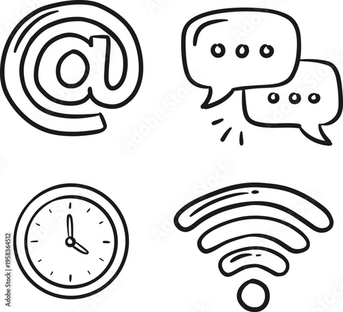 Hand-Drawn Black Icons Set for Communication, Time, and Connectivity