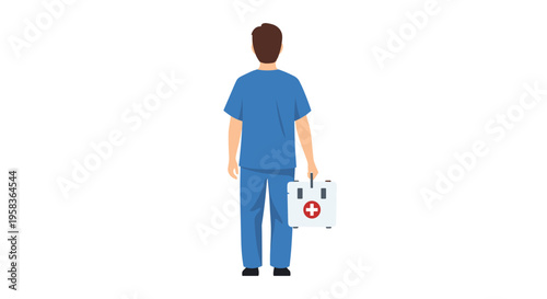 A person in blue medical scrubs holds a white first aid kit with a red cross, viewed from behind on a white background.