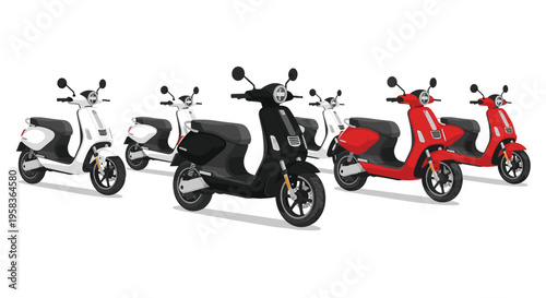 Six electric scooters in white, black, and red colors are parked in a staggered formation on a white background.
