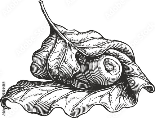 black and white detailed vintage leaf and snail shell illustration with intricate shading