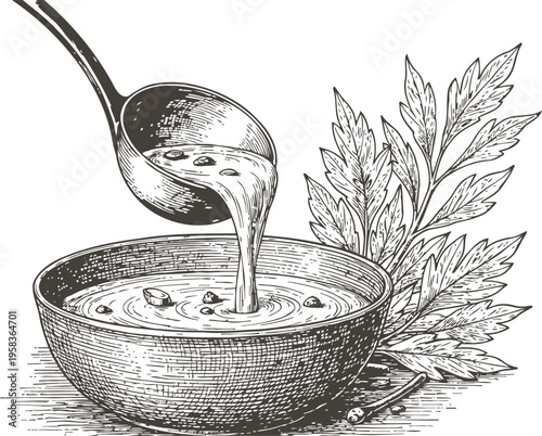 Hand drawn bowl of hot soup with ladle pouring broth and fresh herb leaves illustration