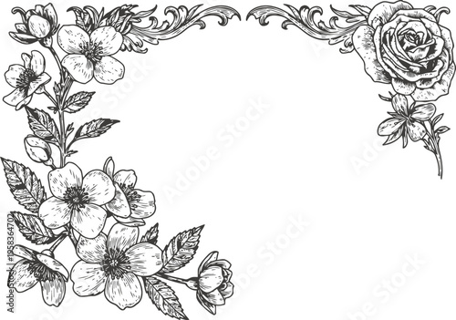 Vintage floral corner frame with rose, wildflowers, leaves, and ornamental swirl design