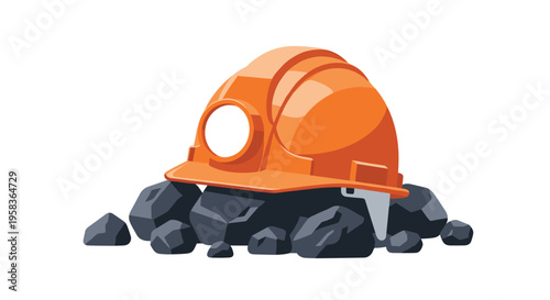 An orange hard hat with a headlamp rests on a pile of dark grey coal lumps on a white background.