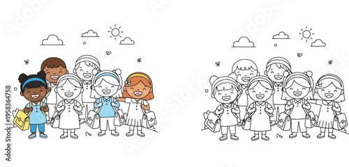 Diverse Group of Happy School Children with Backpacks Vector Illustration, Back to School Concept with Coloring Book Page and Colored Version for Kids Education Activity (178 characters)