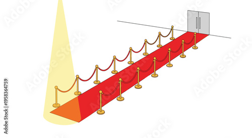 A red carpet with gold stanchions and a spotlight leads to closed double doors on a white background.