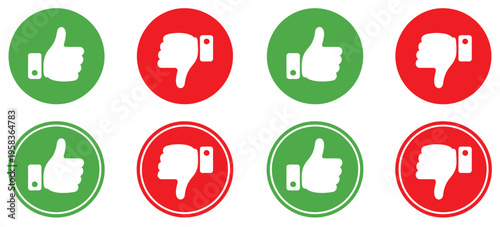 Thumb up and thumb down icons, rating symbols showing approval and rejection, featuring bold hand signs for feedback, review, voting, positive and negative reactions, isolated vector set.