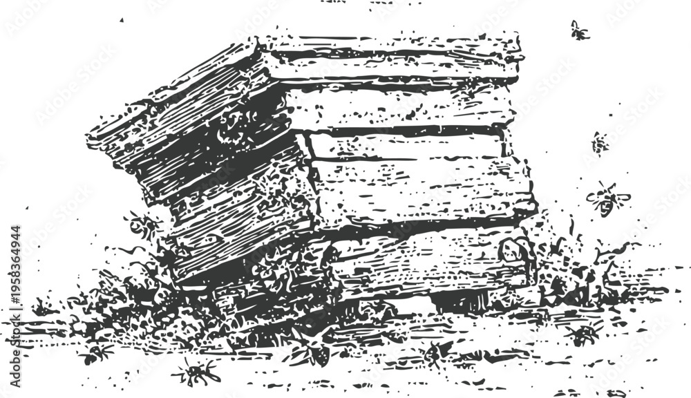 Fototapeta premium Old wooden beehive with bees flying around in a rustic garden setting, vintage illustration